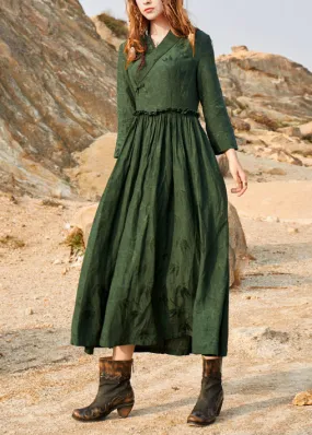 2022 Green Cinched V Neck Ruffled Silk Holiday Dress Long Sleeve 2022 Green Cinched V Neck Ruffled Silk Holiday Dress Long Sleeve