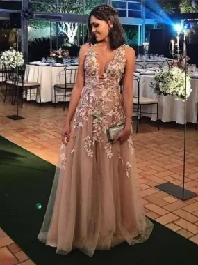 A-line Deep-V Floor-Length Tulle  Evening Dresses With Appliques HX00104 A-line Deep-V Floor-Length Tulle  Evening Dresses With Appliques HX00104