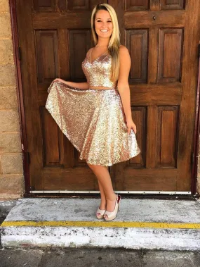 A-line V-neck Mini Sequin Short Shinny Two Piece Homecoming Dresses APD2731 A-line V-neck Mini Sequin Short Shinny Two Piece Homecoming Dresses APD2731