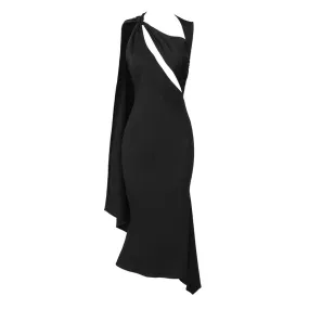 Asymmetric Neck Split Cutout Draped Mermaid Hem Sleeveless Midi Dress Asymmetric Neck Split Cutout Draped Mermaid Hem Sleeveless Midi Dress