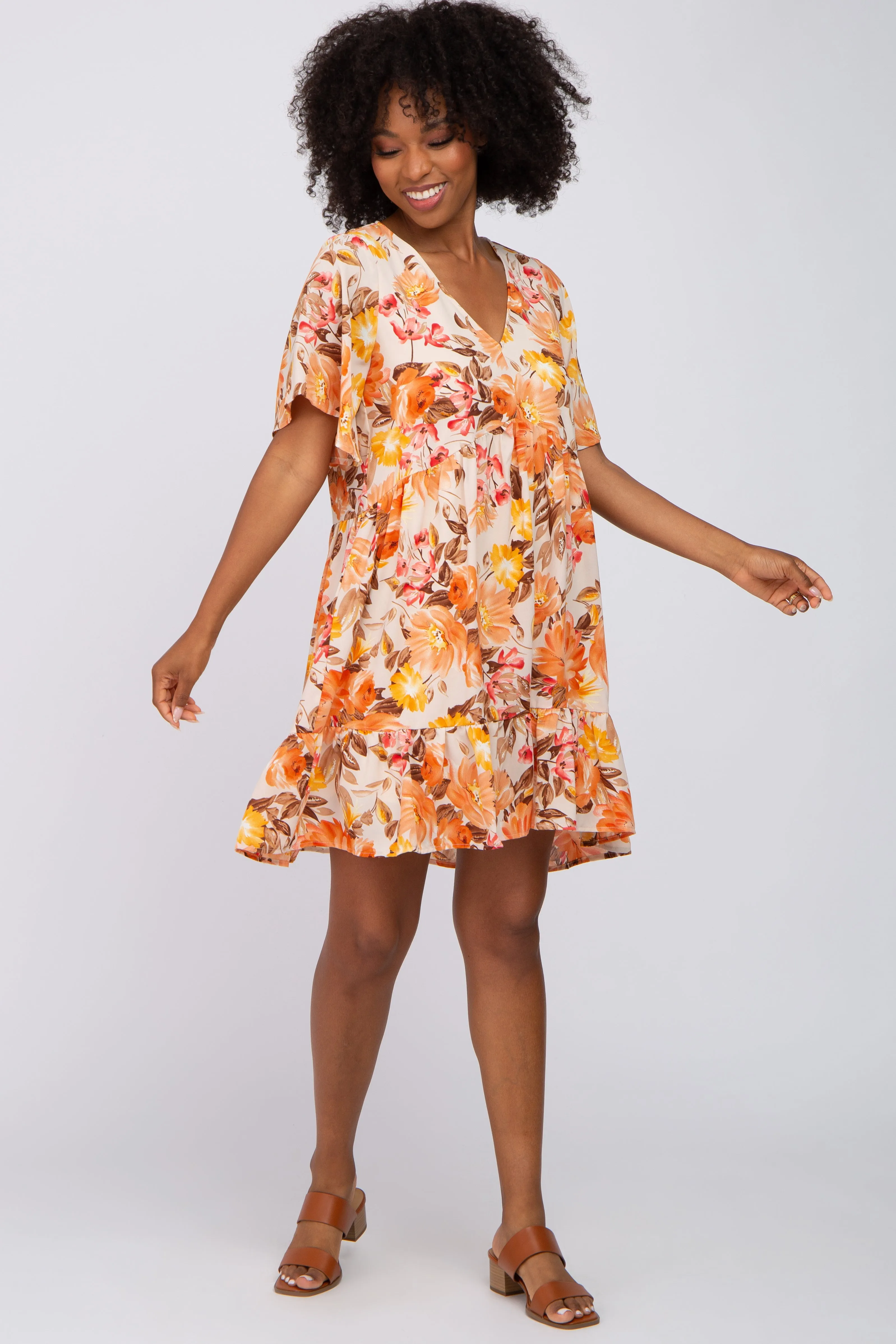 Beige Floral V-Neck Ruffle Hem Dress
