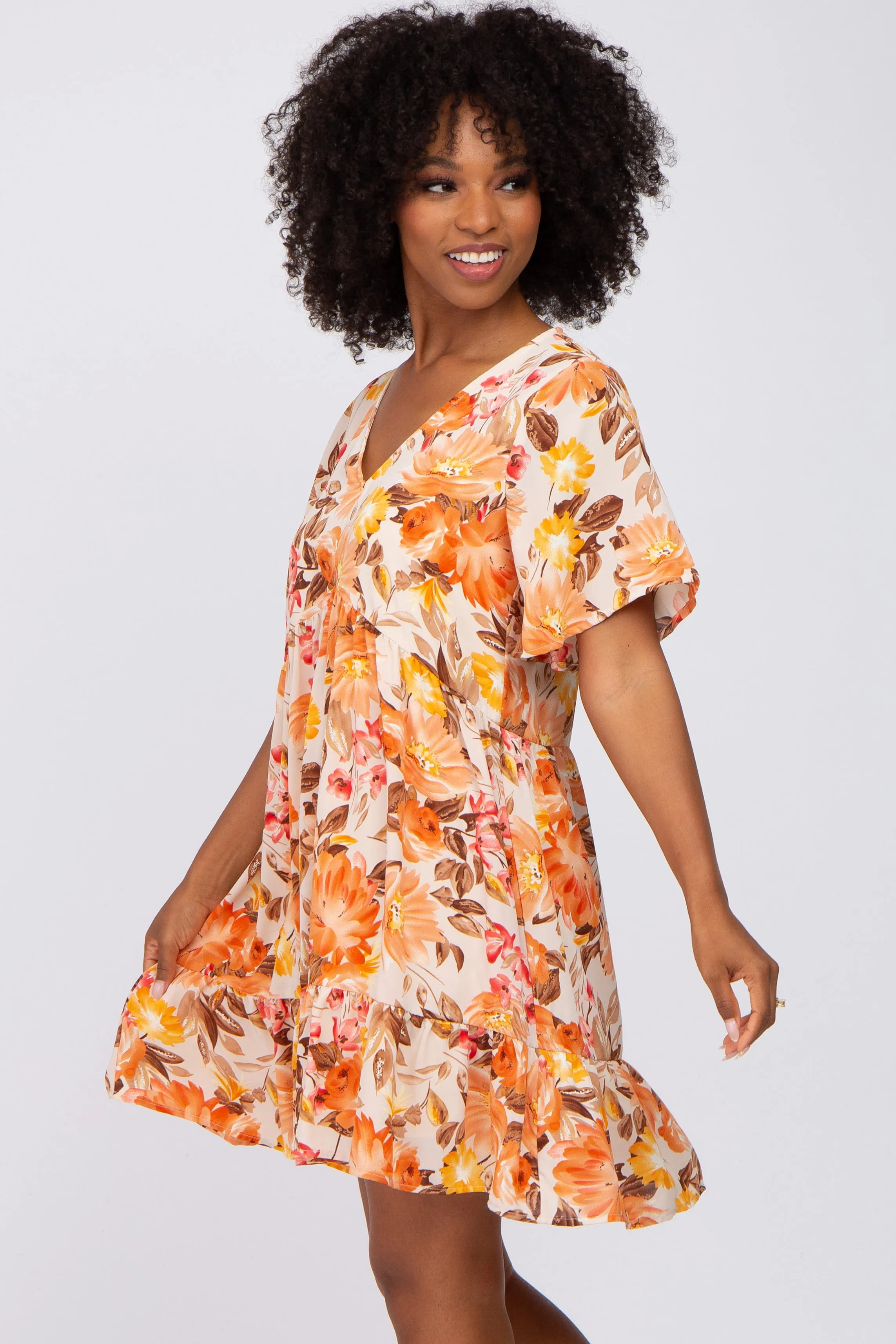 Beige Floral V-Neck Ruffle Hem Dress