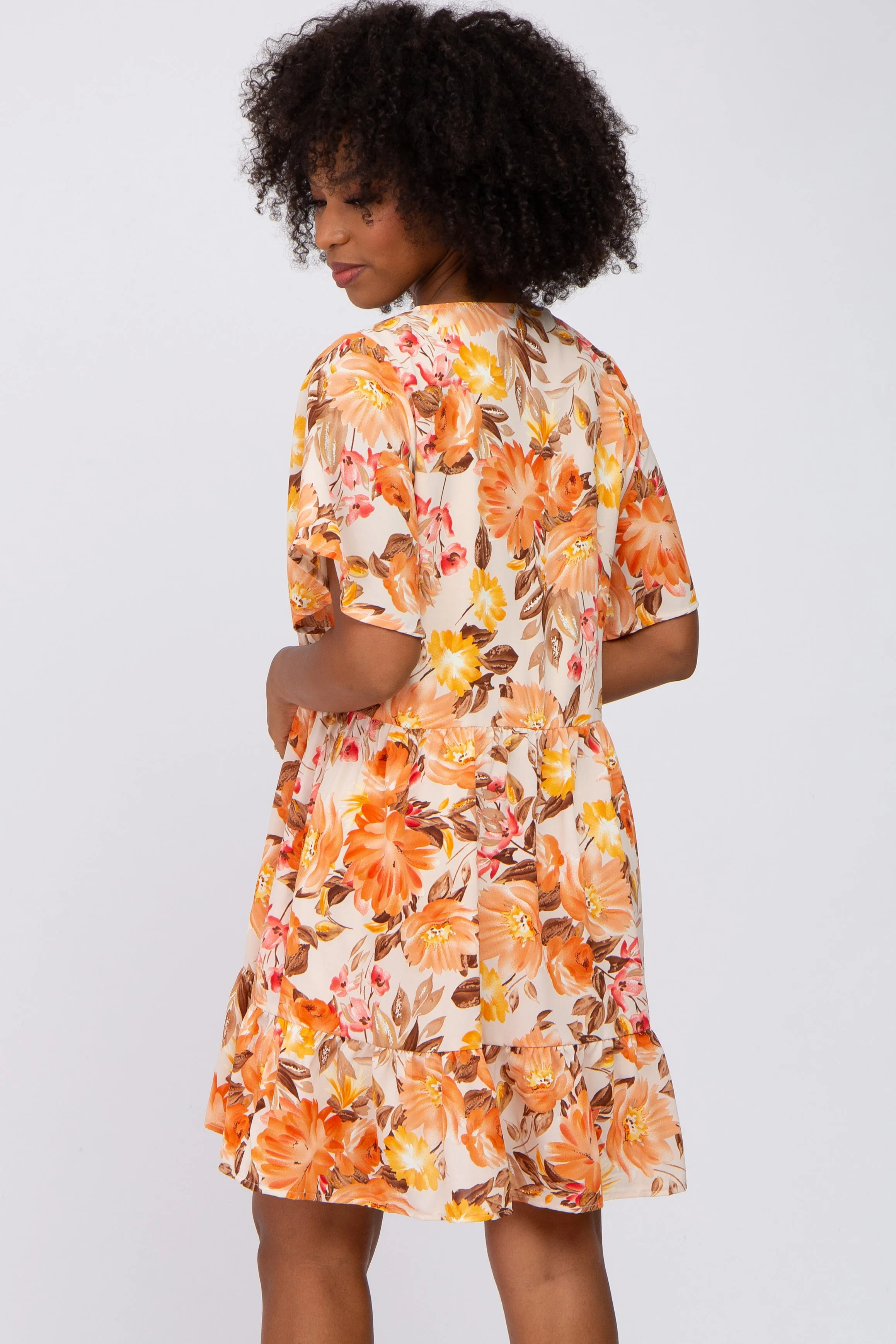 Beige Floral V-Neck Ruffle Hem Dress