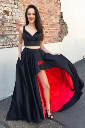 Black and Red Two Piece Satin V-neck A-line Sweetheart Asymmetrical Prom Dresses M223 Black and Red Two Piece Satin V-neck A-line Sweetheart Asymmetrical Prom Dresses M223