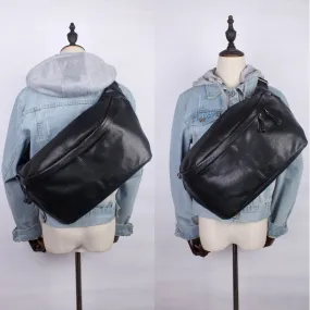Black Leather Mens Large Sling Bag Leather Mens Big Waist Bag Fanny Pack For Big Men Black Leather Mens Large Sling Bag Leather Mens Big Waist Bag Fanny Pack For Big Men