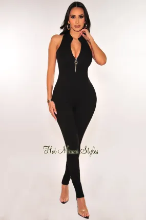 Black Sleeveless Ribbed Zipper Cut Out Back Jumpsuit Black Sleeveless Ribbed Zipper Cut Out Back Jumpsuit