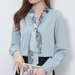 Bow V Neck Chiffon Blouse Women's Office Top - Long Sleeve Pullover Bow V Neck Chiffon Blouse Women's Office Top - Long Sleeve Pullover