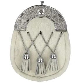 Cream Calfskin Cross Tassels Sporran with Chrome Celtic Cantle Cream Calfskin Cross Tassels Sporran with Chrome Celtic Cantle