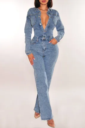 Denim Long Sleeve Collared Button Up Jumpsuit Denim Long Sleeve Collared Button Up Jumpsuit