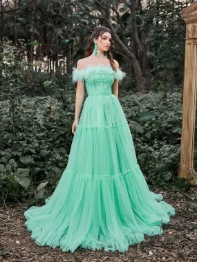 Elegant Feather Trim Off Shoulder Layered Tulle Prom Dress Elegant Feather Trim Off Shoulder Layered Tulle Prom Dress