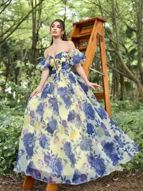 Elegant Floral Organza Off Shoulder Puff Sleeves Evening Dress Elegant Floral Organza Off Shoulder Puff Sleeves Evening Dress