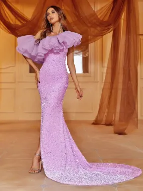 Exaggerated Ruffle Trim Asymmetrical Hem Sequin Dress Exaggerated Ruffle Trim Asymmetrical Hem Sequin Dress