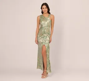Foil Printed Asymmetric Gown With Ruffled Detail In Sage Gold Foil Printed Asymmetric Gown With Ruffled Detail In Sage Gold