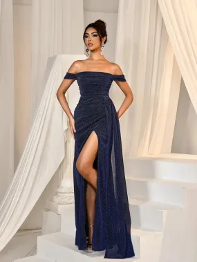 Glitter Off Shoulder Draped Side Split Thigh Formal Evening Dress Glitter Off Shoulder Draped Side Split Thigh Formal Evening Dress