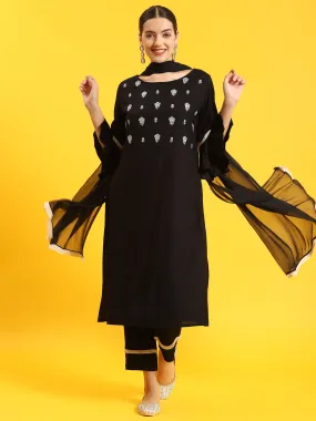 Indiessence Women Black Embroidered Kurta Trouser Dupatta Indiessence Women Black Embroidered Kurta Trouser Dupatta
