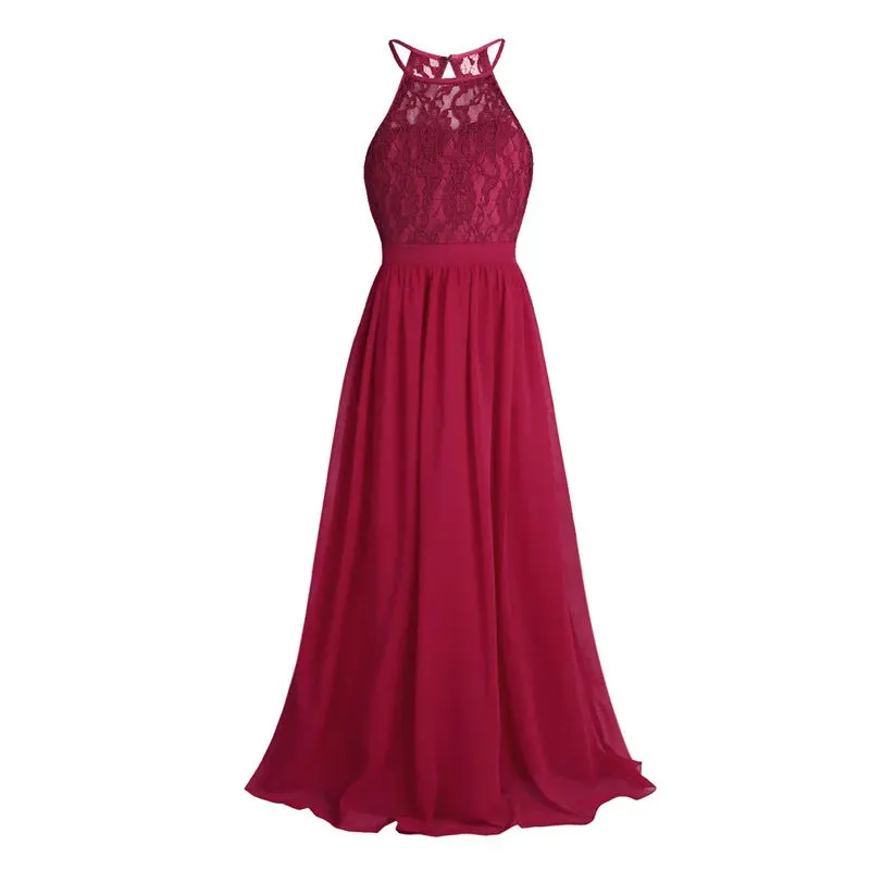 Little Bridesmaid Dress Kids Halter Maxi Long Dress  Prom Ball Gown Lace Chiffon Flower Girls Dresses Wedding Party Costume