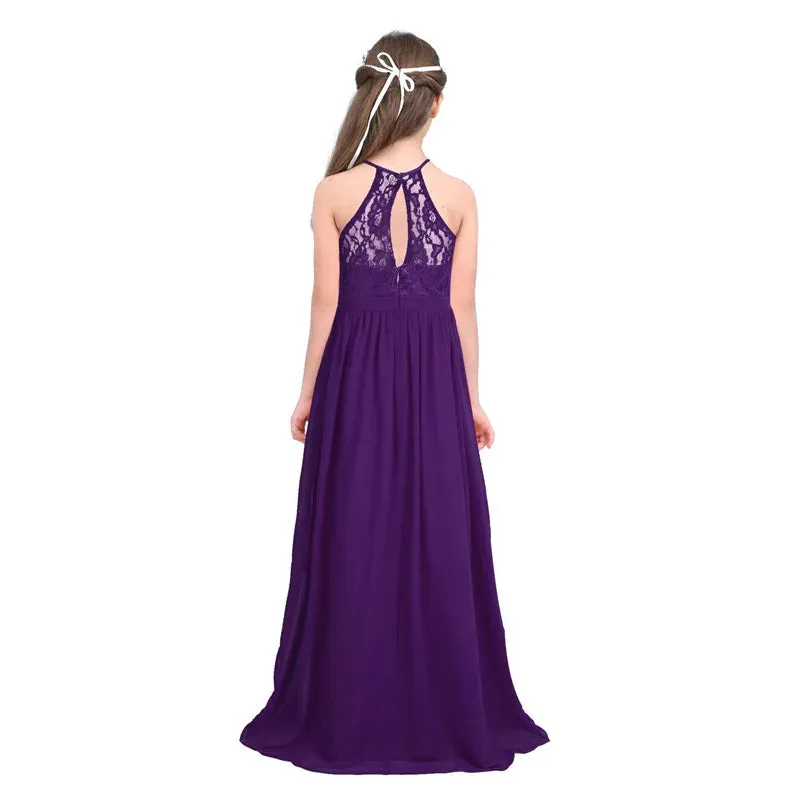 Little Bridesmaid Dress Kids Halter Maxi Long Dress  Prom Ball Gown Lace Chiffon Flower Girls Dresses Wedding Party Costume