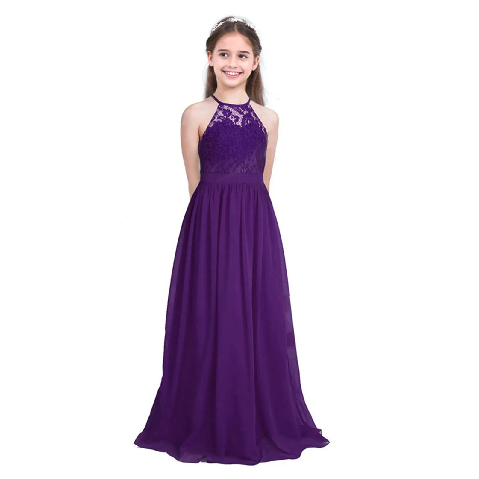 Little Bridesmaid Dress Kids Halter Maxi Long Dress  Prom Ball Gown Lace Chiffon Flower Girls Dresses Wedding Party Costume