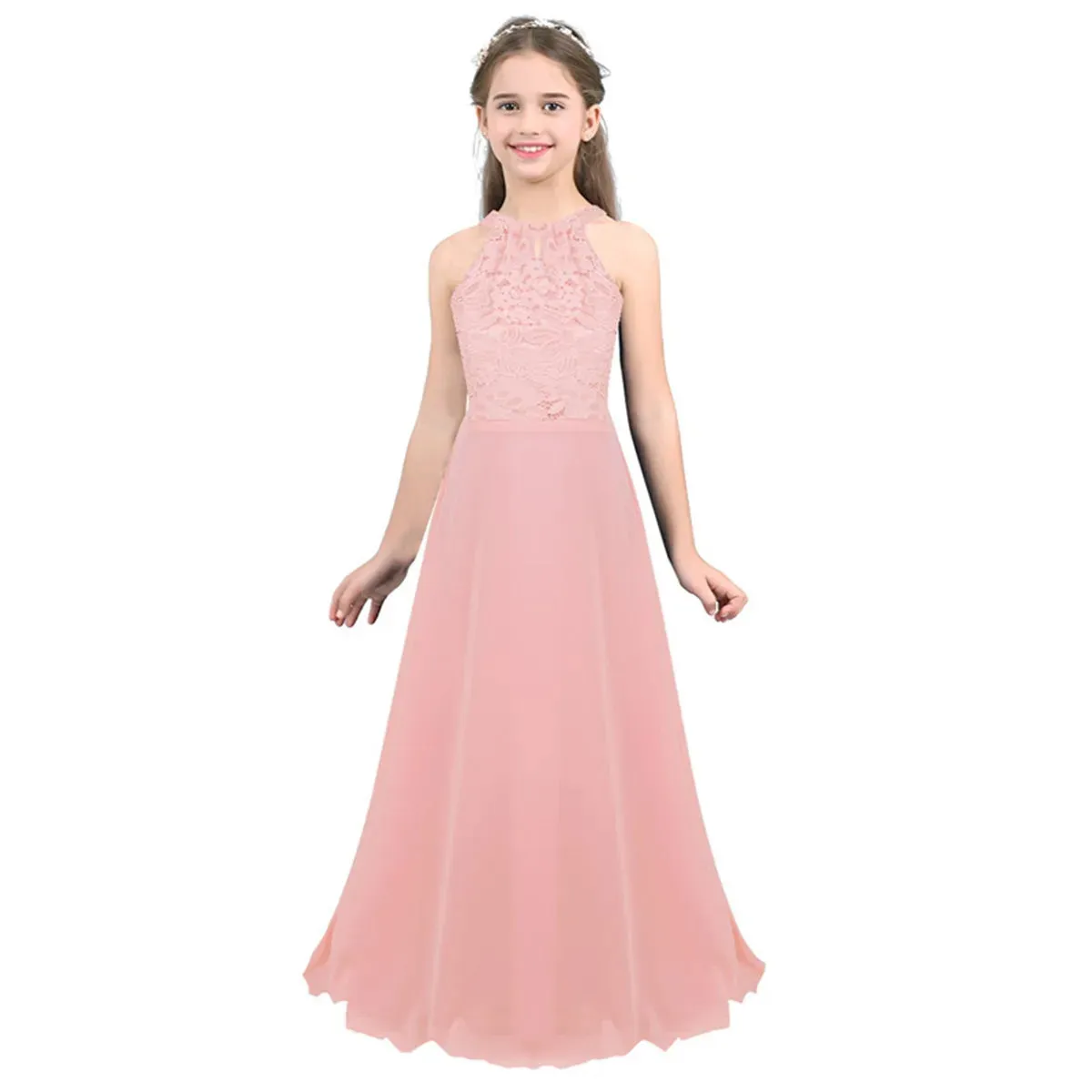 Little Bridesmaid Dress Kids Halter Maxi Long Dress  Prom Ball Gown Lace Chiffon Flower Girls Dresses Wedding Party Costume