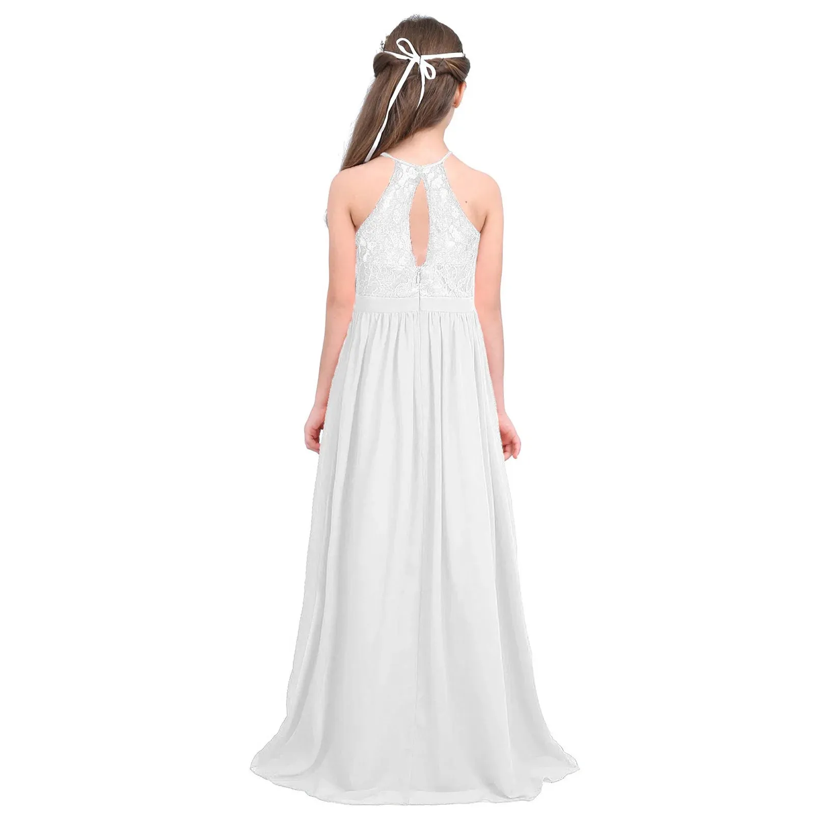 Little Bridesmaid Dress Kids Halter Maxi Long Dress  Prom Ball Gown Lace Chiffon Flower Girls Dresses Wedding Party Costume