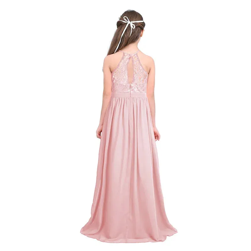 Little Bridesmaid Dress Kids Halter Maxi Long Dress  Prom Ball Gown Lace Chiffon Flower Girls Dresses Wedding Party Costume