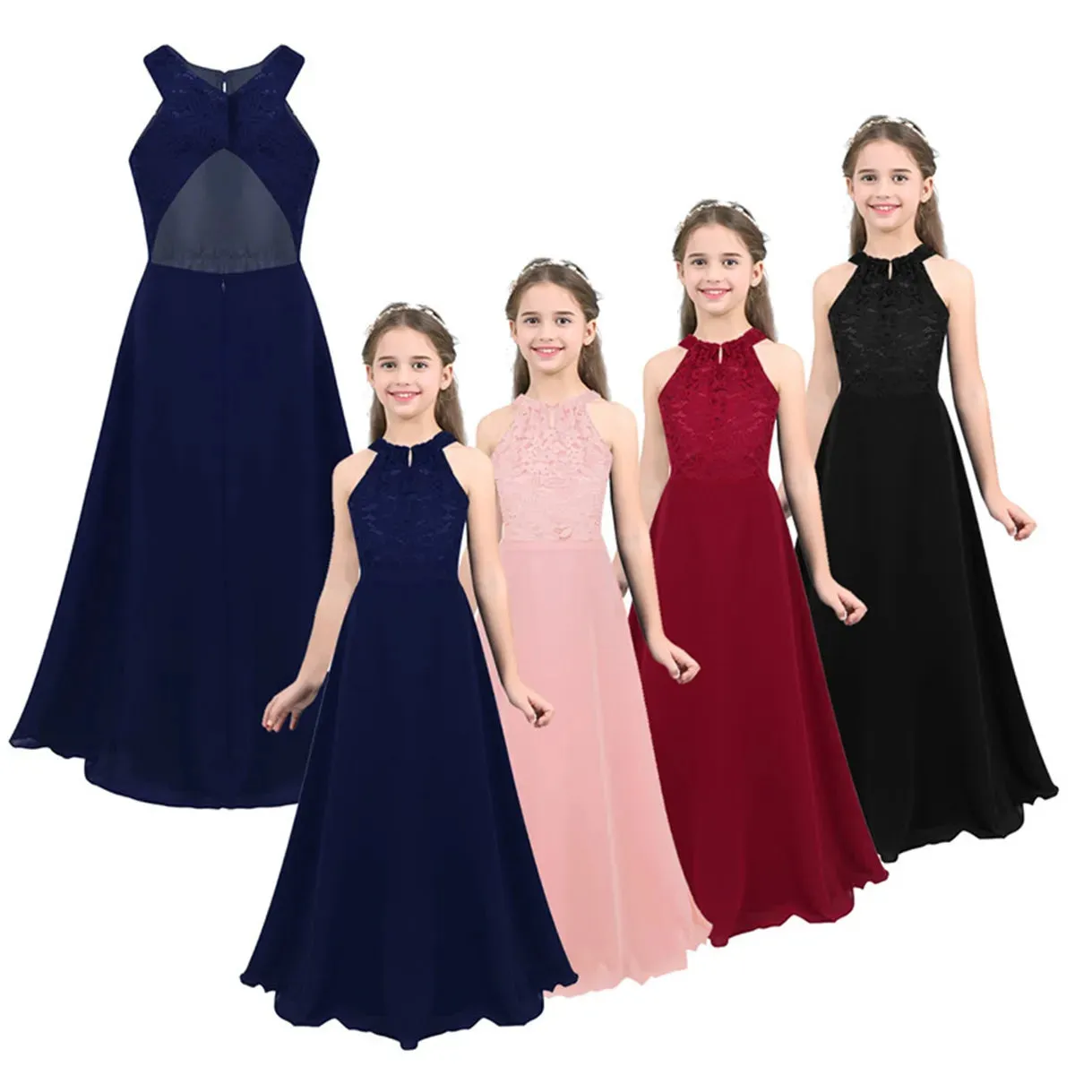 Little Bridesmaid Dress Kids Halter Maxi Long Dress  Prom Ball Gown Lace Chiffon Flower Girls Dresses Wedding Party Costume