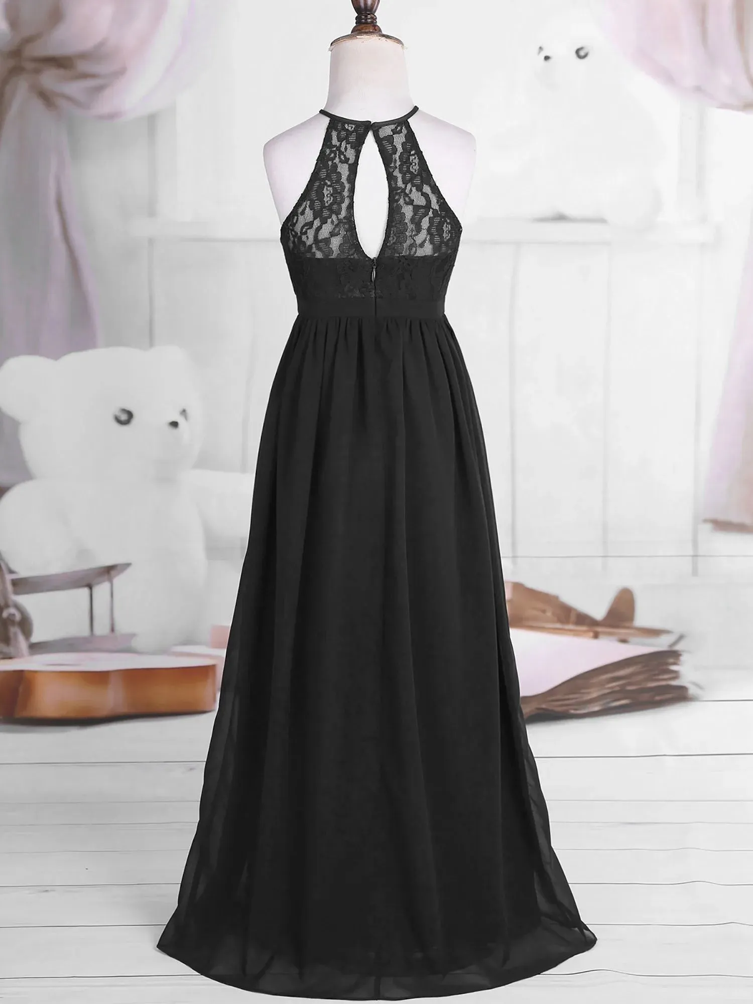 Little Bridesmaid Dress Kids Halter Maxi Long Dress  Prom Ball Gown Lace Chiffon Flower Girls Dresses Wedding Party Costume
