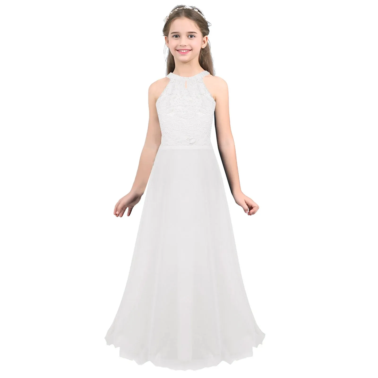 Little Bridesmaid Dress Kids Halter Maxi Long Dress  Prom Ball Gown Lace Chiffon Flower Girls Dresses Wedding Party Costume