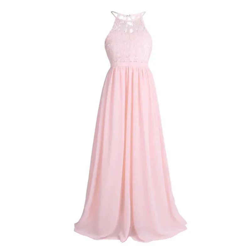 Little Bridesmaid Dress Kids Halter Maxi Long Dress  Prom Ball Gown Lace Chiffon Flower Girls Dresses Wedding Party Costume