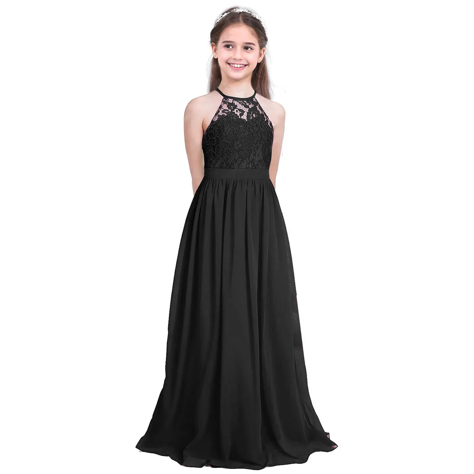 Little Bridesmaid Dress Kids Halter Maxi Long Dress  Prom Ball Gown Lace Chiffon Flower Girls Dresses Wedding Party Costume