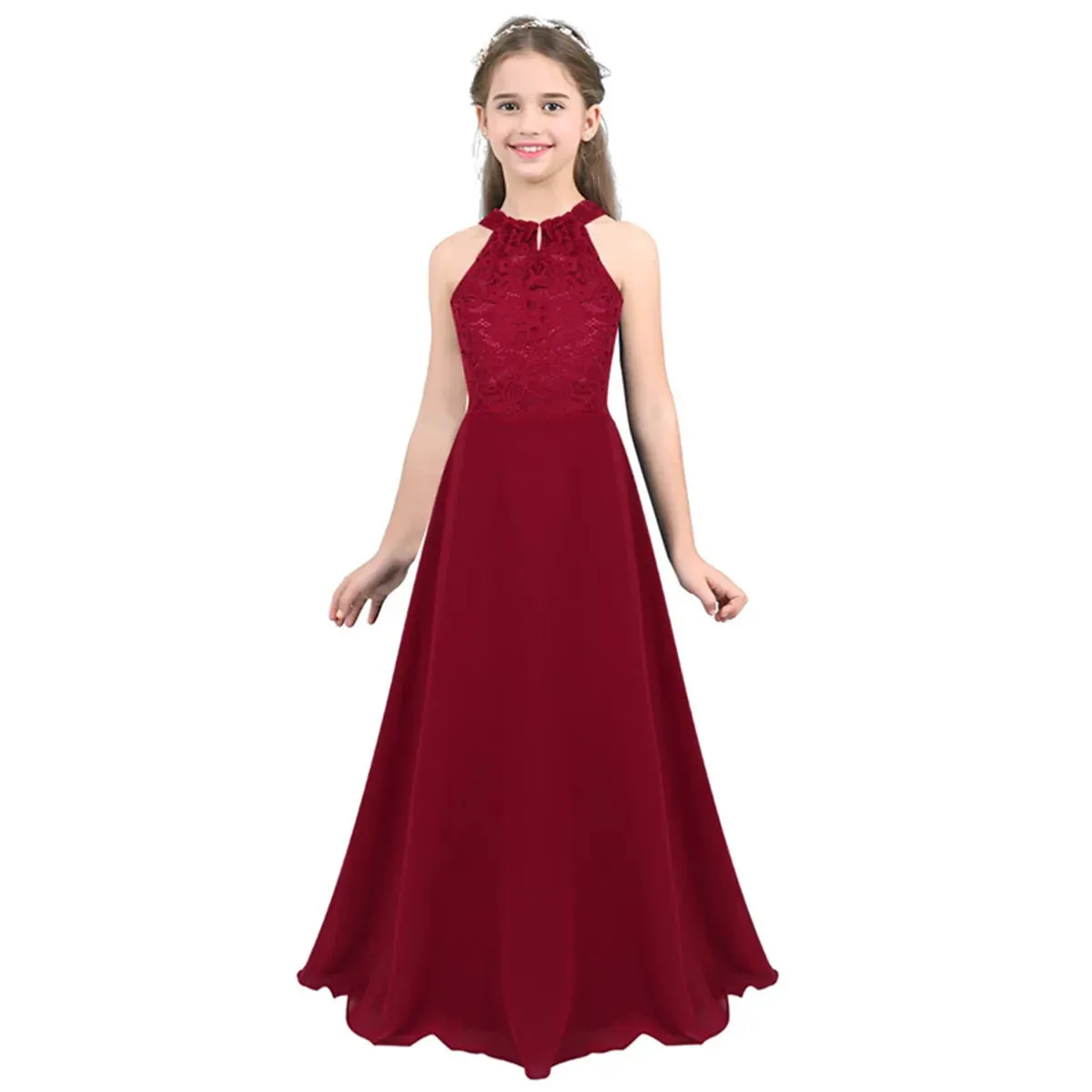 Little Bridesmaid Dress Kids Halter Maxi Long Dress  Prom Ball Gown Lace Chiffon Flower Girls Dresses Wedding Party Costume