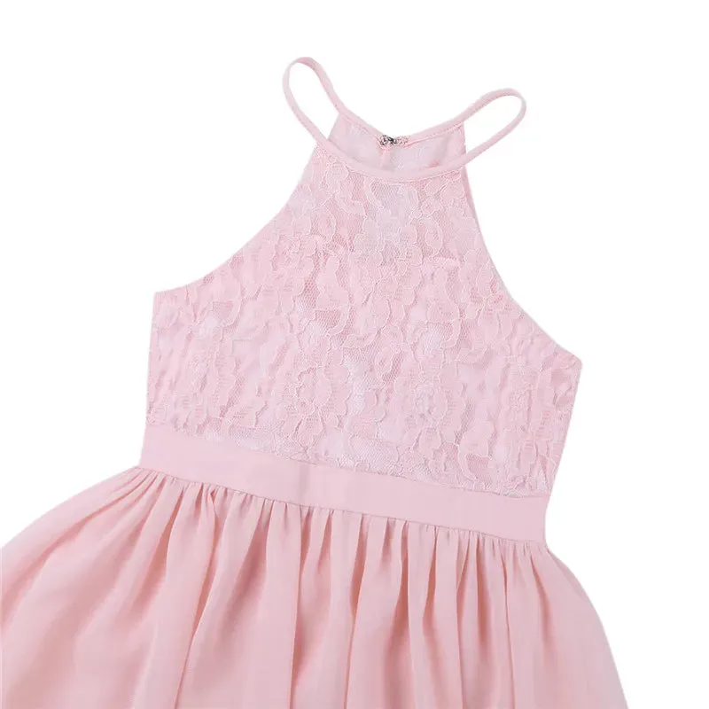 Little Bridesmaid Dress Kids Halter Maxi Long Dress  Prom Ball Gown Lace Chiffon Flower Girls Dresses Wedding Party Costume