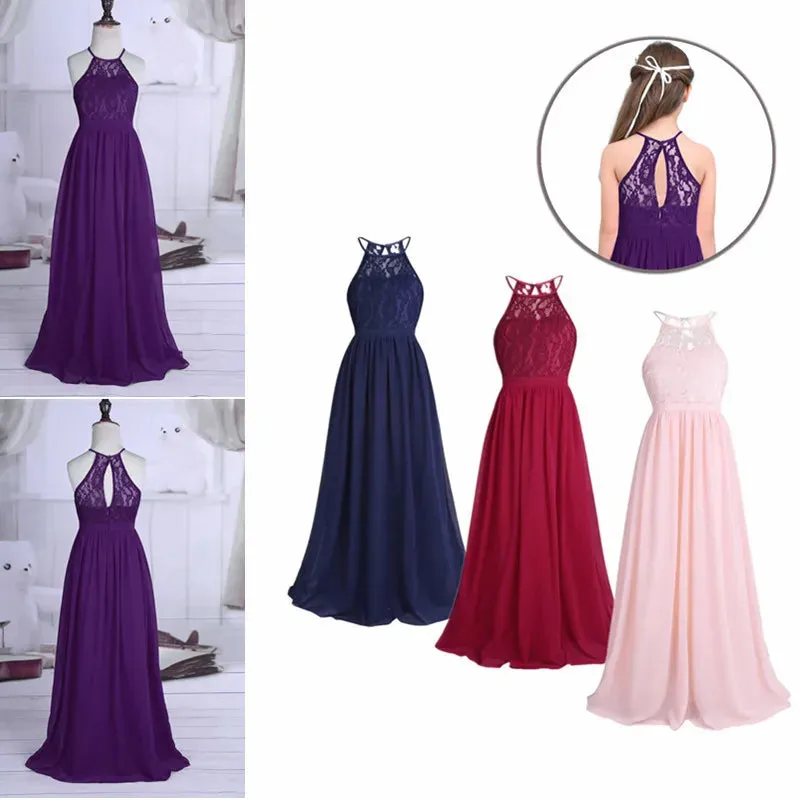 Little Bridesmaid Dress Kids Halter Maxi Long Dress  Prom Ball Gown Lace Chiffon Flower Girls Dresses Wedding Party Costume