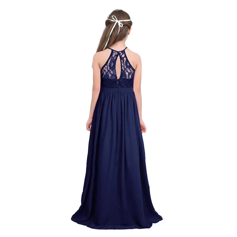 Little Bridesmaid Dress Kids Halter Maxi Long Dress  Prom Ball Gown Lace Chiffon Flower Girls Dresses Wedding Party Costume