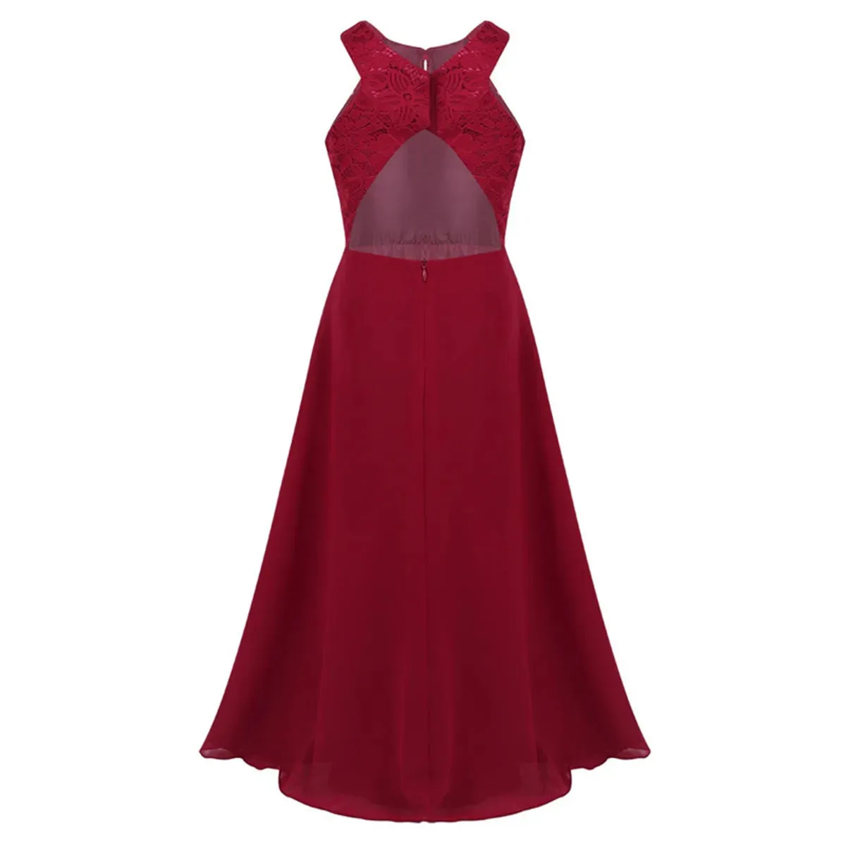 Little Bridesmaid Dress Kids Halter Maxi Long Dress  Prom Ball Gown Lace Chiffon Flower Girls Dresses Wedding Party Costume