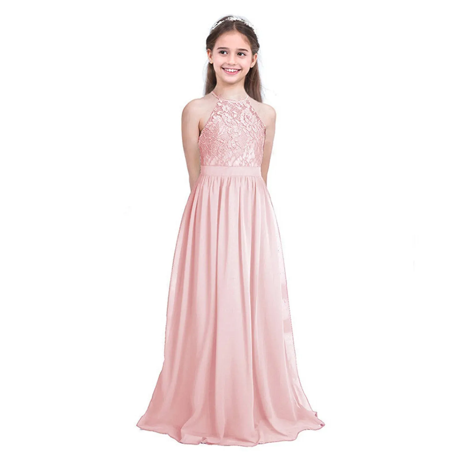 Little Bridesmaid Dress Kids Halter Maxi Long Dress  Prom Ball Gown Lace Chiffon Flower Girls Dresses Wedding Party Costume