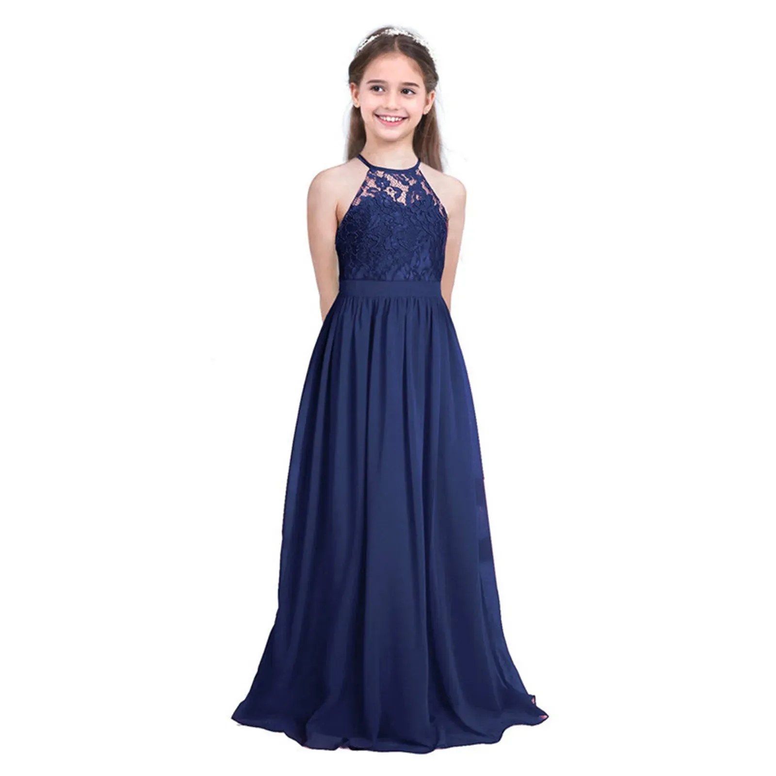 Little Bridesmaid Dress Kids Halter Maxi Long Dress  Prom Ball Gown Lace Chiffon Flower Girls Dresses Wedding Party Costume