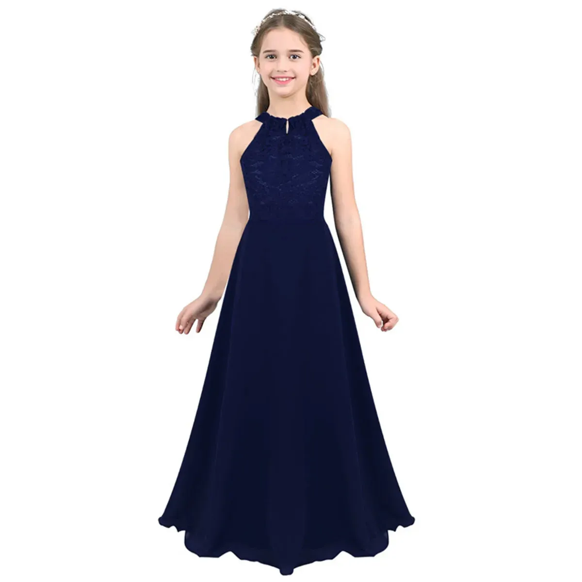 Little Bridesmaid Dress Kids Halter Maxi Long Dress  Prom Ball Gown Lace Chiffon Flower Girls Dresses Wedding Party Costume