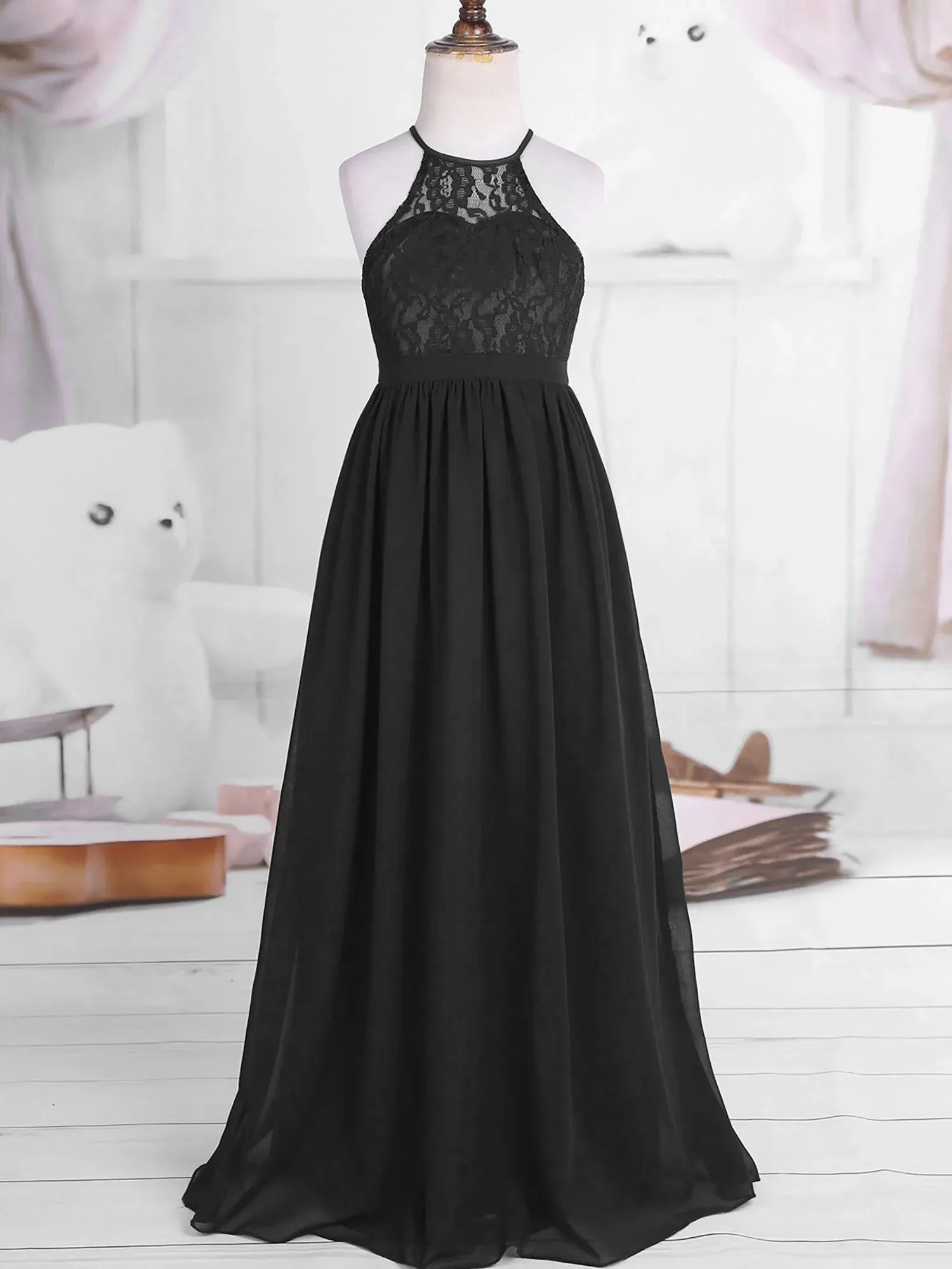 Little Bridesmaid Dress Kids Halter Maxi Long Dress  Prom Ball Gown Lace Chiffon Flower Girls Dresses Wedding Party Costume