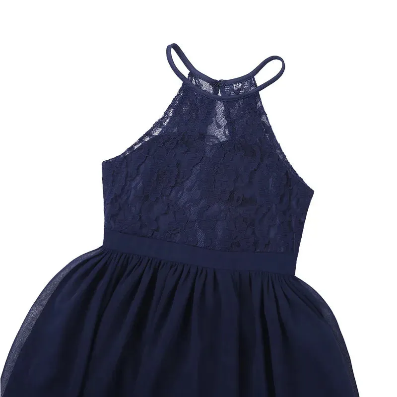 Little Bridesmaid Dress Kids Halter Maxi Long Dress  Prom Ball Gown Lace Chiffon Flower Girls Dresses Wedding Party Costume