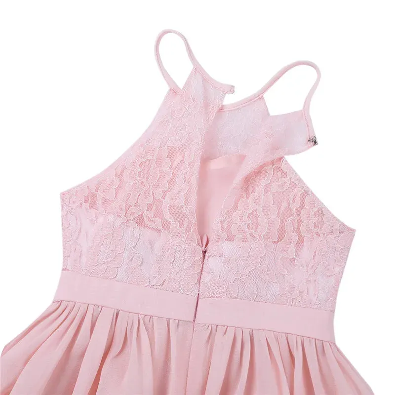 Little Bridesmaid Dress Kids Halter Maxi Long Dress  Prom Ball Gown Lace Chiffon Flower Girls Dresses Wedding Party Costume