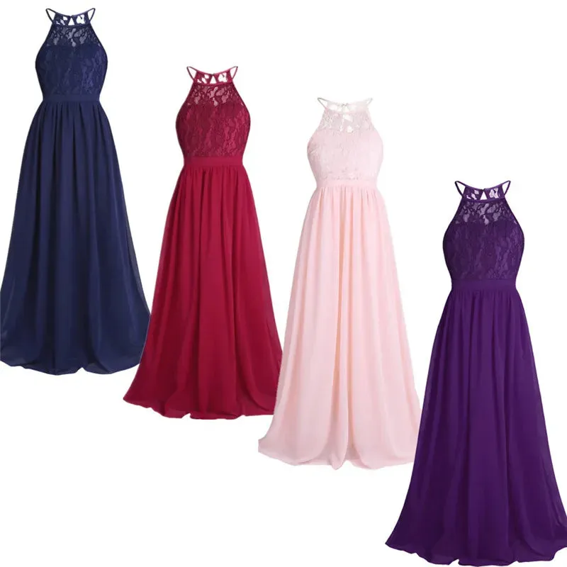 Little Bridesmaid Dress Kids Halter Maxi Long Dress  Prom Ball Gown Lace Chiffon Flower Girls Dresses Wedding Party Costume