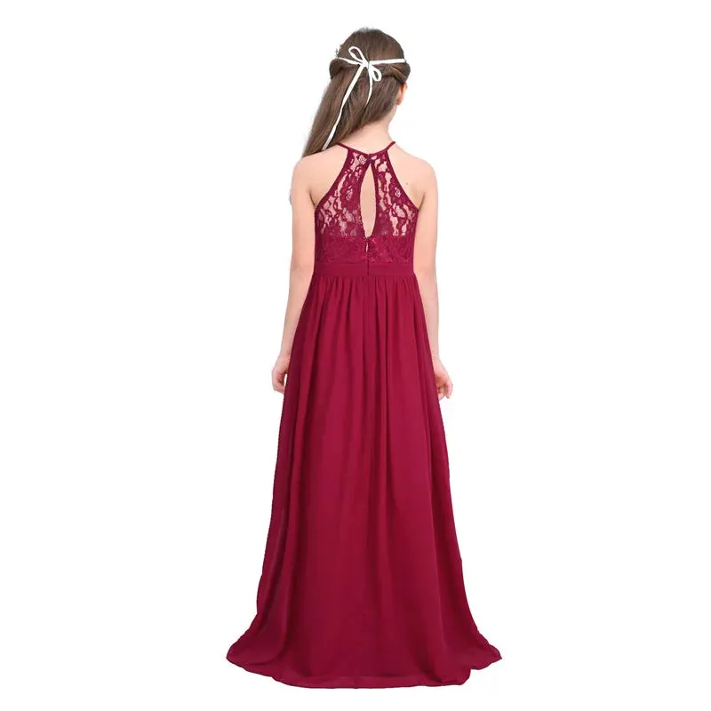 Little Bridesmaid Dress Kids Halter Maxi Long Dress  Prom Ball Gown Lace Chiffon Flower Girls Dresses Wedding Party Costume