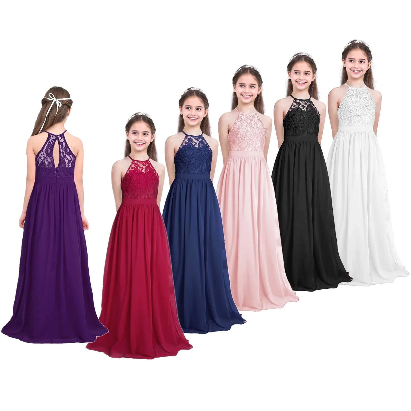 Little Bridesmaid Dress Kids Halter Maxi Long Dress  Prom Ball Gown Lace Chiffon Flower Girls Dresses Wedding Party Costume