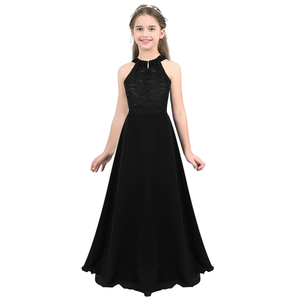 Little Bridesmaid Dress Kids Halter Maxi Long Dress  Prom Ball Gown Lace Chiffon Flower Girls Dresses Wedding Party Costume