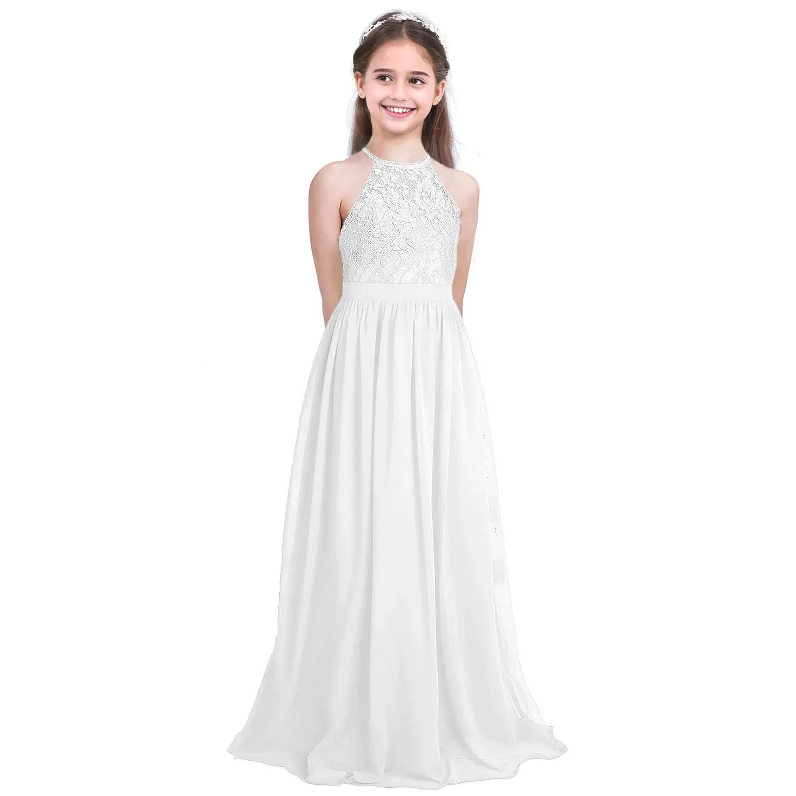 Little Bridesmaid Dress Kids Halter Maxi Long Dress  Prom Ball Gown Lace Chiffon Flower Girls Dresses Wedding Party Costume