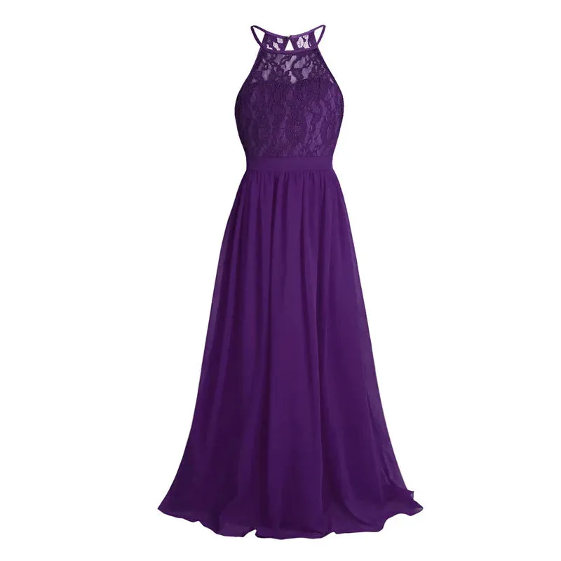 Little Bridesmaid Dress Kids Halter Maxi Long Dress  Prom Ball Gown Lace Chiffon Flower Girls Dresses Wedding Party Costume