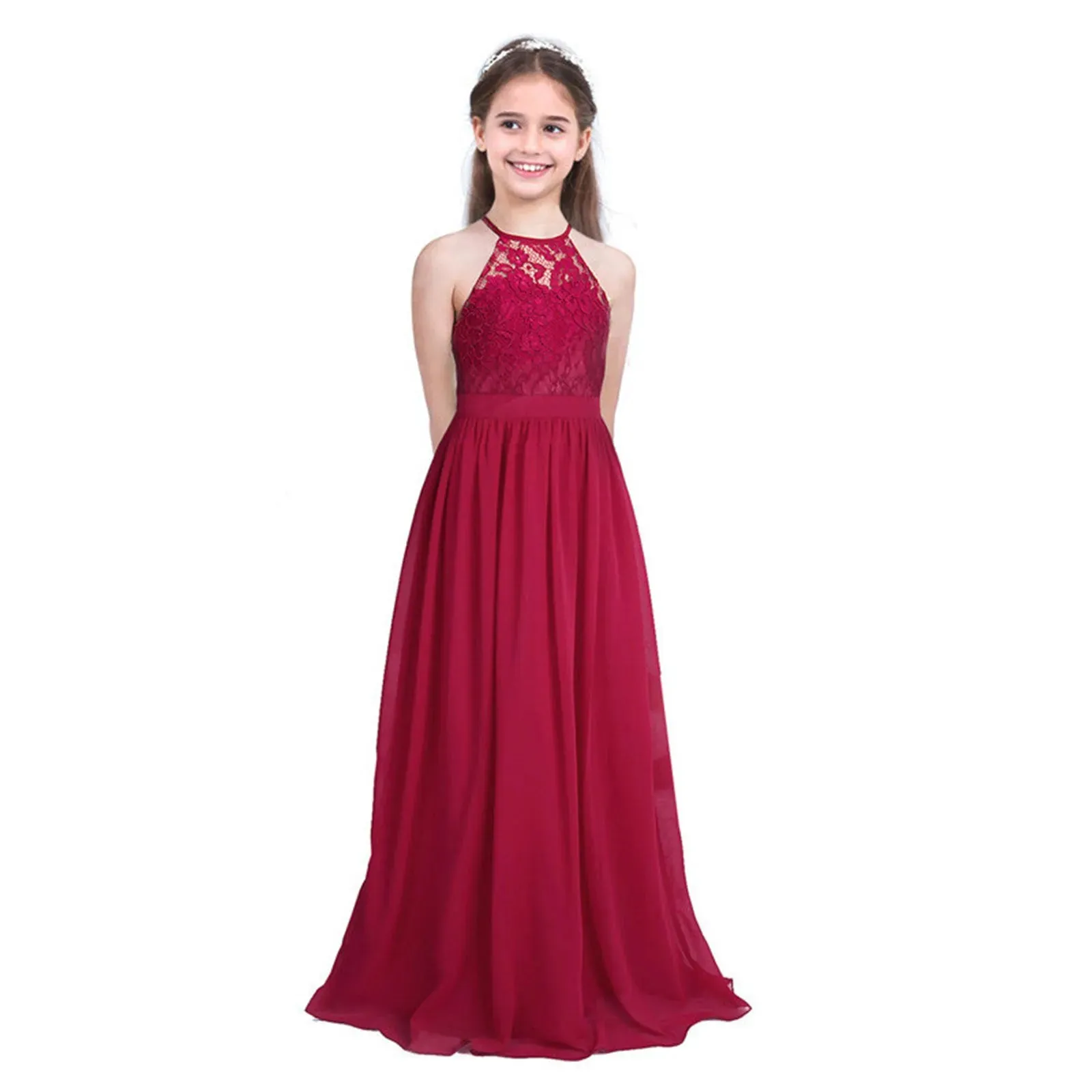 Little Bridesmaid Dress Kids Halter Maxi Long Dress  Prom Ball Gown Lace Chiffon Flower Girls Dresses Wedding Party Costume