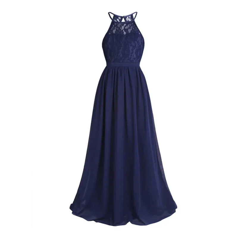 Little Bridesmaid Dress Kids Halter Maxi Long Dress  Prom Ball Gown Lace Chiffon Flower Girls Dresses Wedding Party Costume