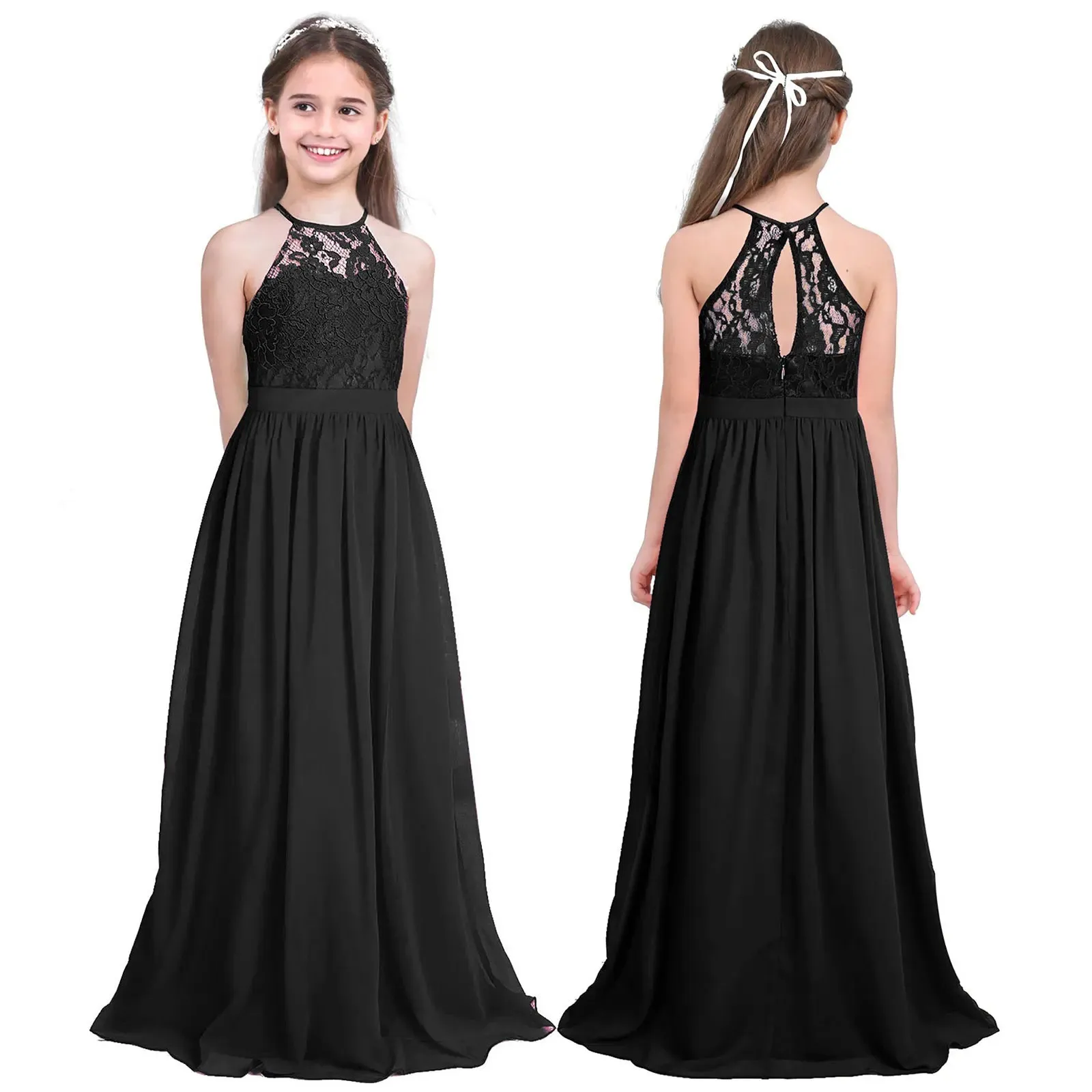Little Bridesmaid Dress Kids Halter Maxi Long Dress  Prom Ball Gown Lace Chiffon Flower Girls Dresses Wedding Party Costume